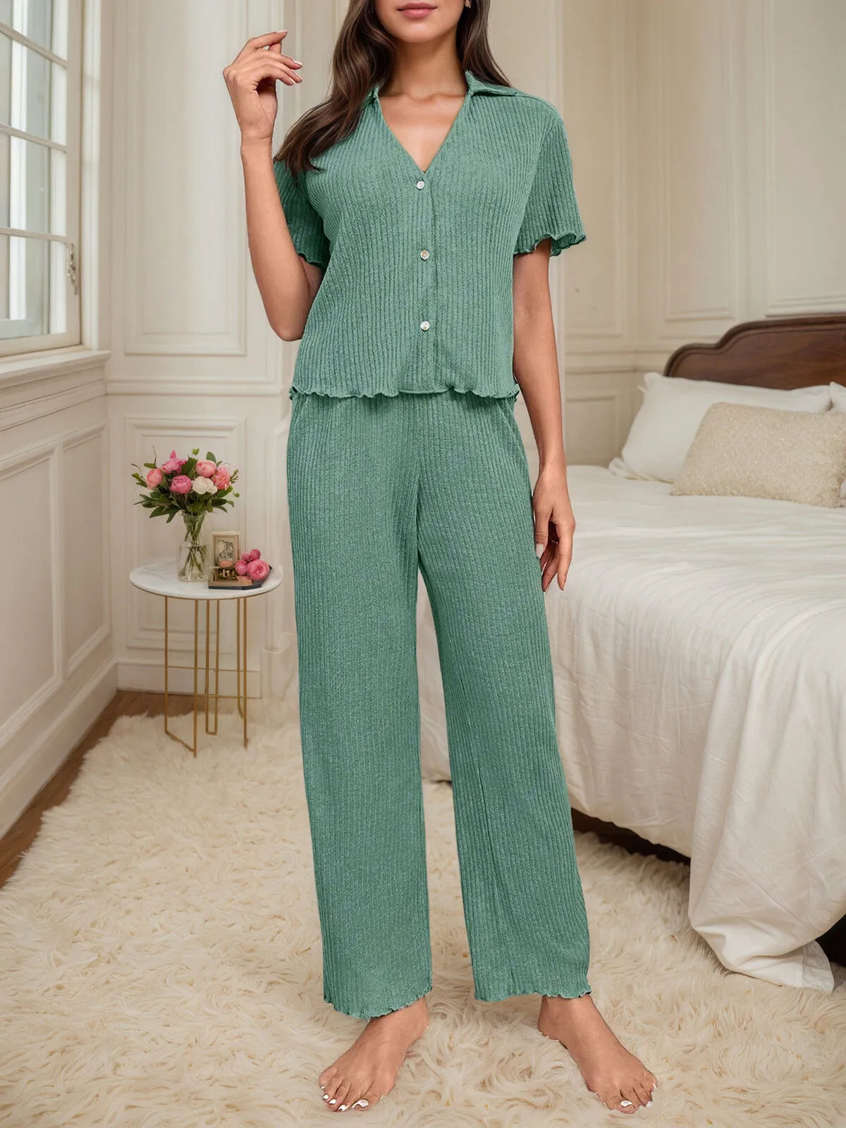 Solid Button Short Sleeve Pajama Pants Set