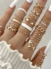 Casual Style 22pcs Soild Butterfly Leaf Beading Alloy Rings 