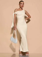 Solid Elegant Graduation Asymmetric Neck Bodycon Dress