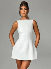 Solid Backless Boat Neck A-line Dress