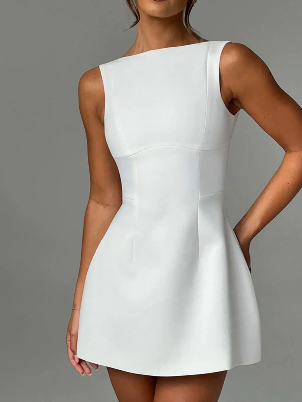 Solid Backless Boat Neck A-line Dress