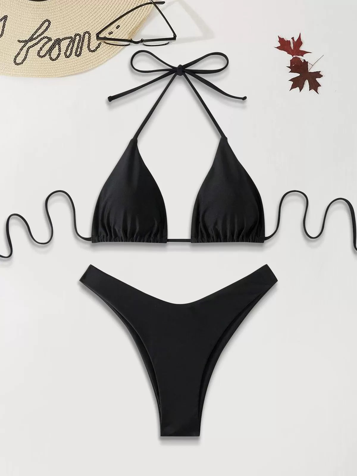 Solid Backless Low Rise Spaghetti Strap Bikini