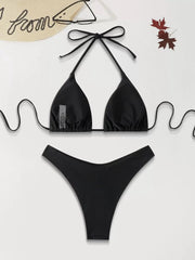 Solid Backless Low Rise Spaghetti Strap Bikini