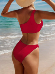 Solid Backless Medium Rise One Shoulder Bikini