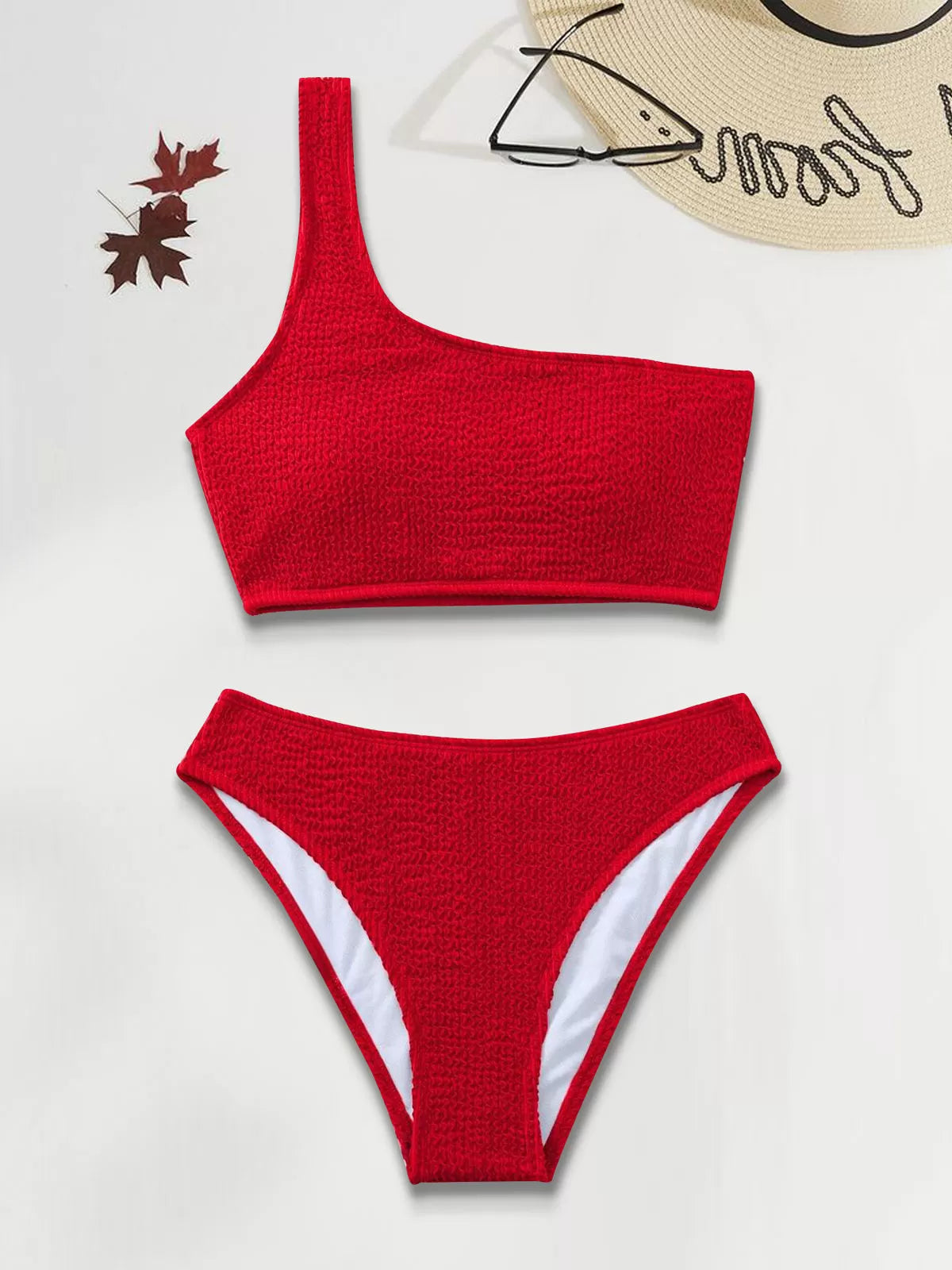 Solid Backless Medium Rise One Shoulder Bikini