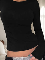 Solid Backless Round Neck Regular Sleeve Long Sleeve T-shirt