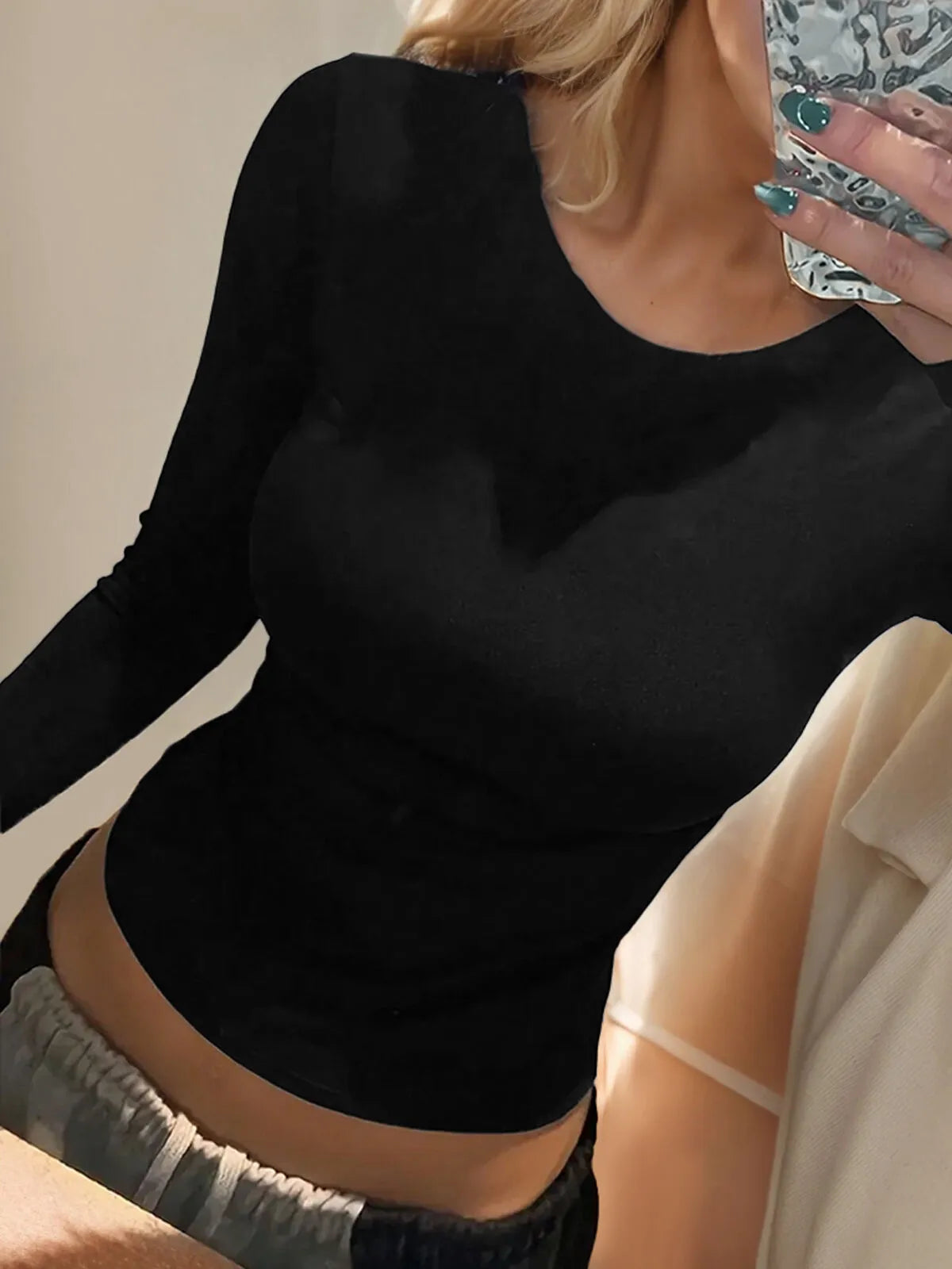 Solid Backless Round Neck Regular Sleeve Long Sleeve T-shirt