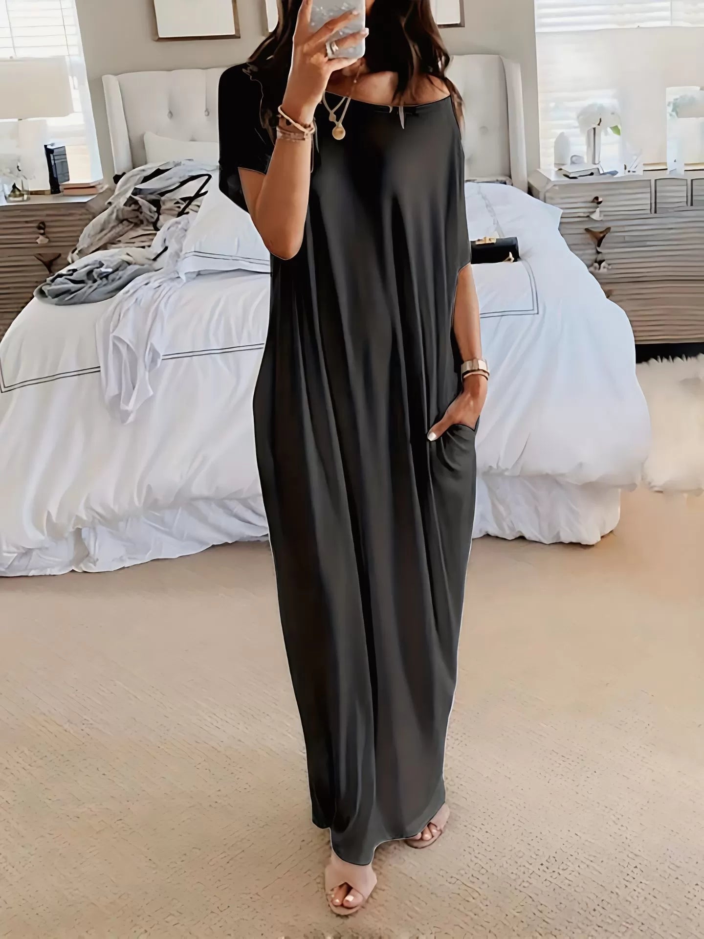 Solid Batwing Sleeve Casual Comfy Baggy Nightgown