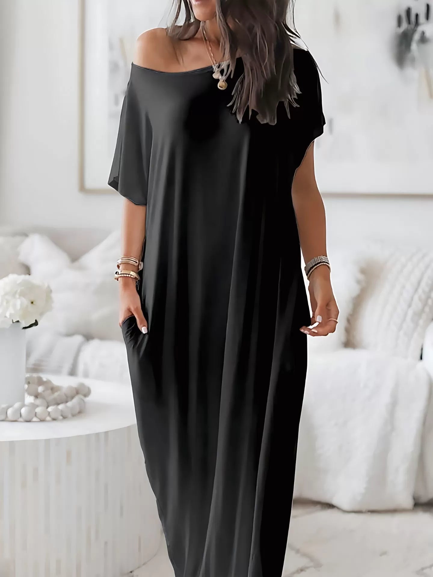 Solid Batwing Sleeve Casual Comfy Baggy Nightgown