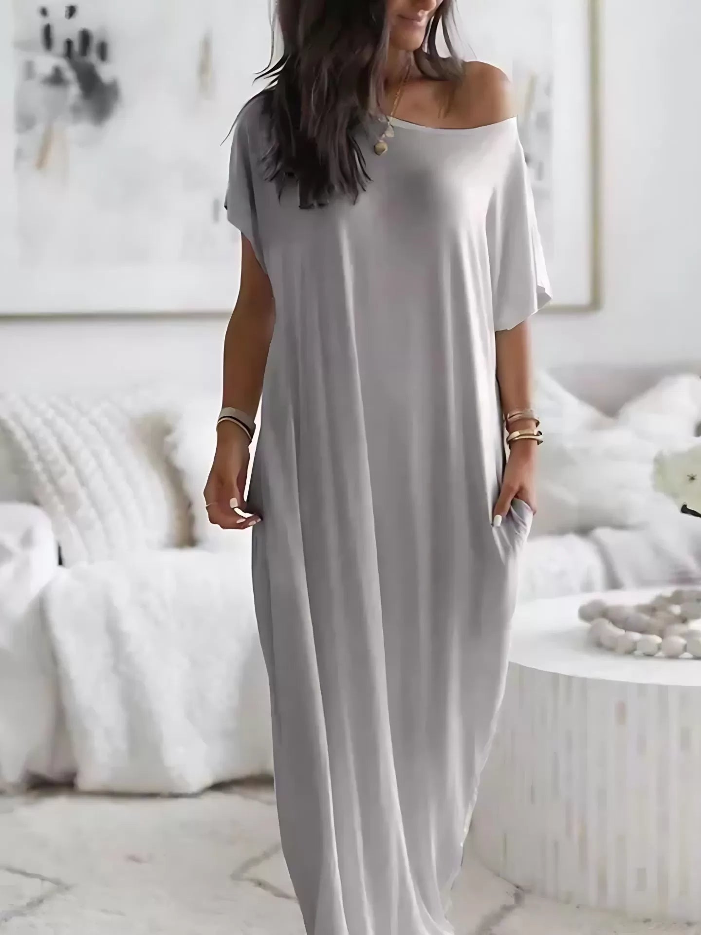 Solid Batwing Sleeve Casual Comfy Baggy Nightgown
