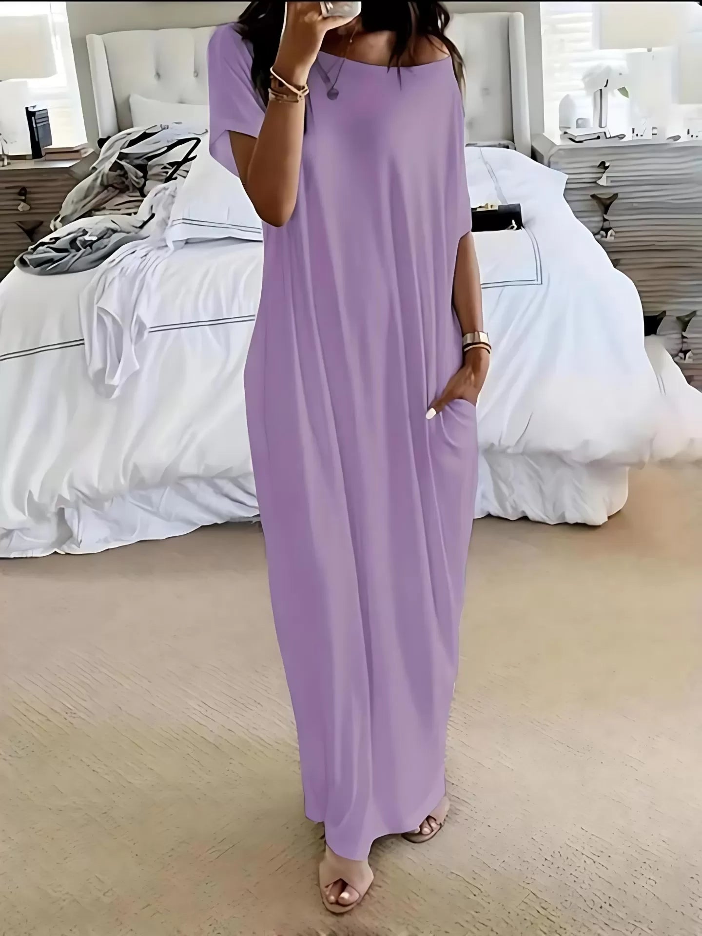 Solid Batwing Sleeve Casual Comfy Baggy Nightgown