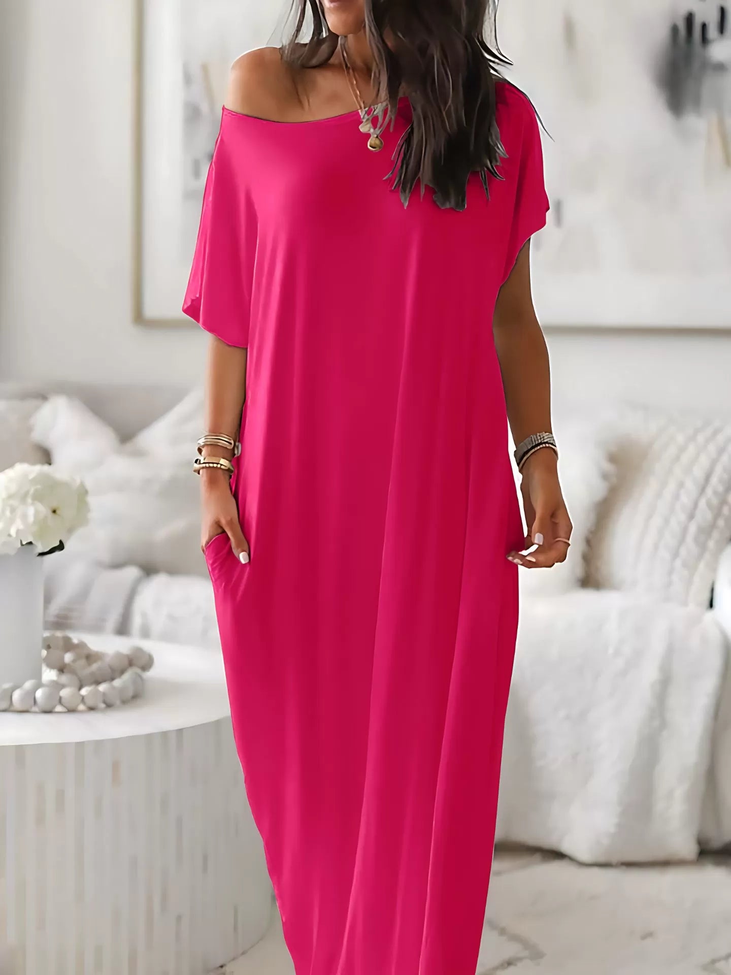 Solid Batwing Sleeve Casual Comfy Baggy Nightgown