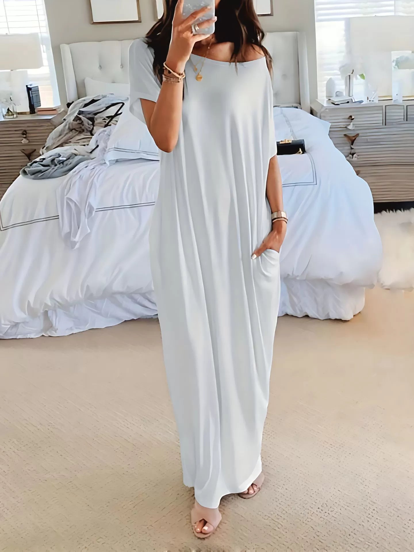 Solid Batwing Sleeve Casual Comfy Baggy Nightgown