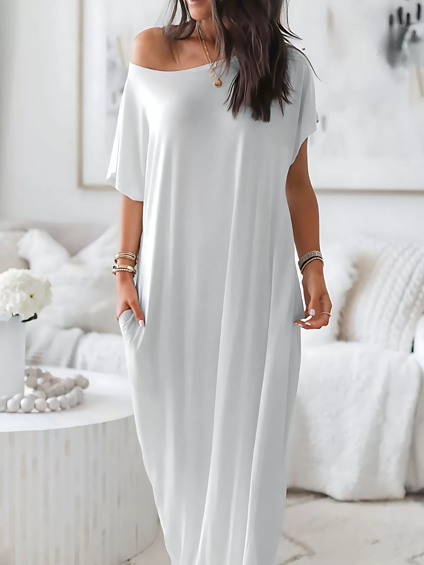 Solid Batwing Sleeve Casual Comfy Baggy Nightgown