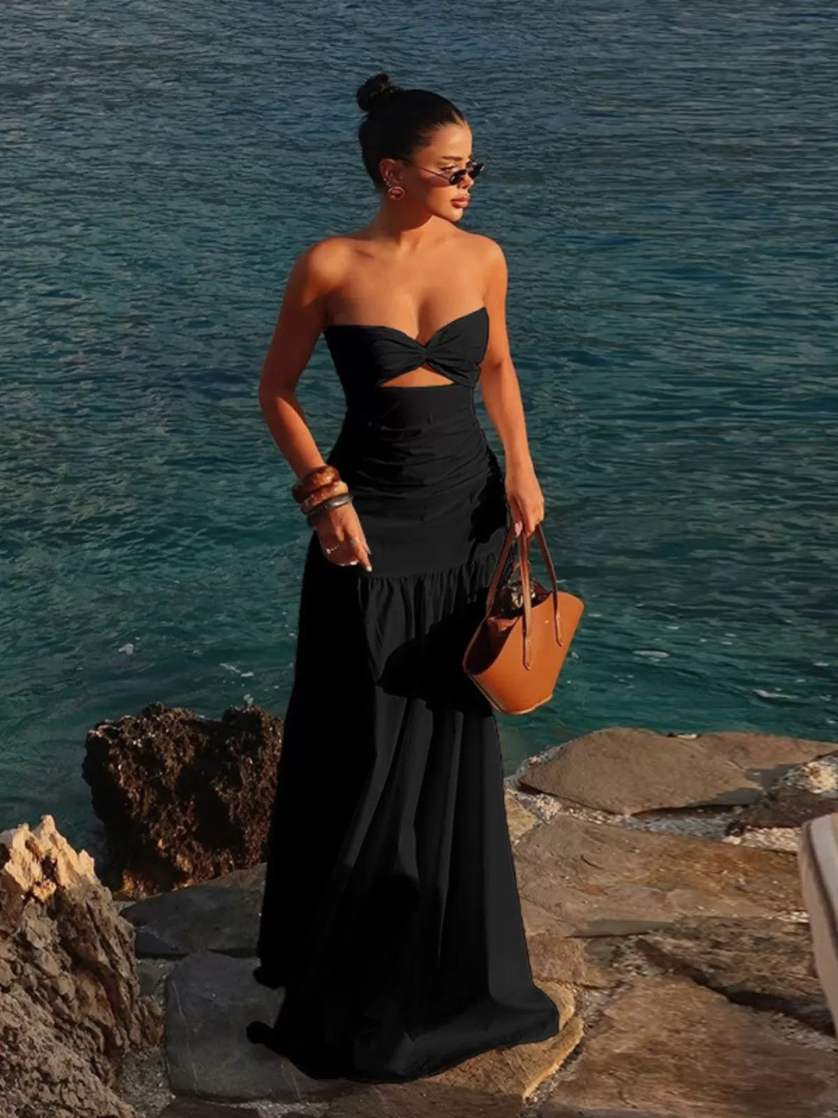 Solid Beach Holiday Summer Cut Out Strapless A-line Dress