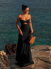 Solid Beach Holiday Summer Cut Out Strapless A-line Dress