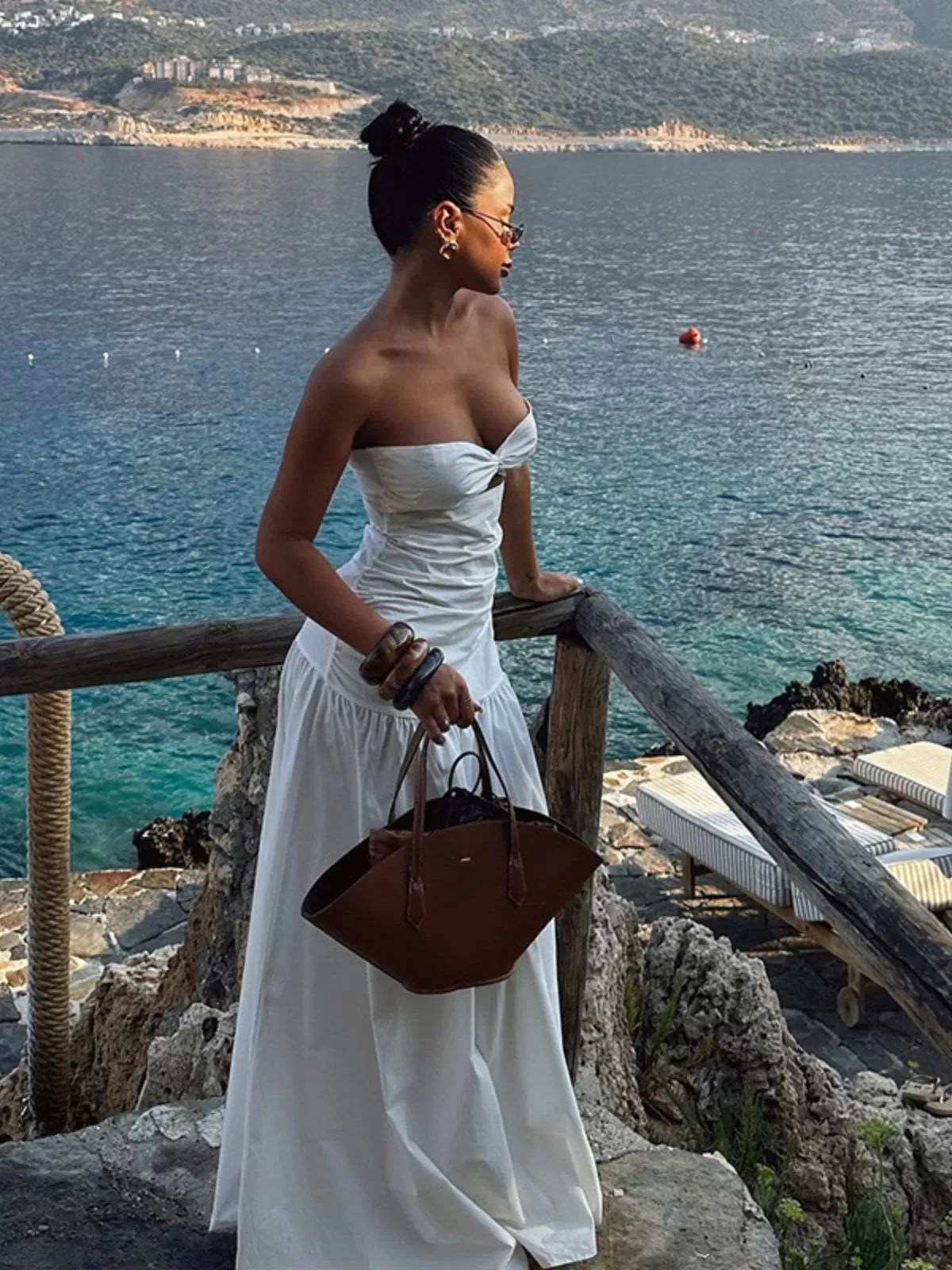 Solid Beach Holiday Summer Cut Out Strapless A-line Dress