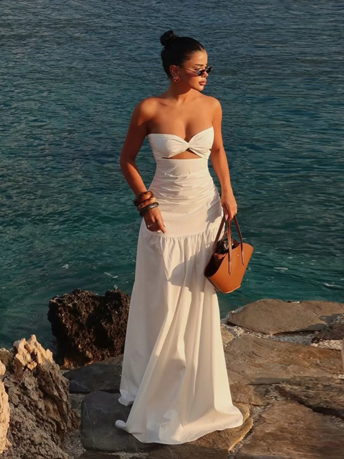 Solid Beach Holiday Summer Cut Out Strapless A-line Dress