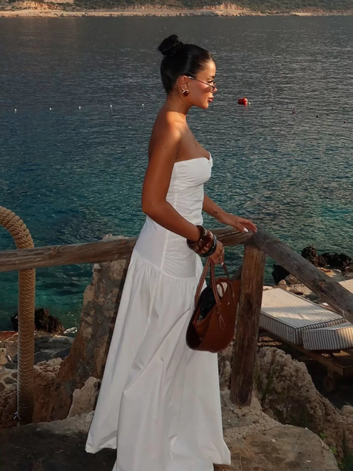 Solid Beach Holiday Summer Cut Out Strapless A-line Dress