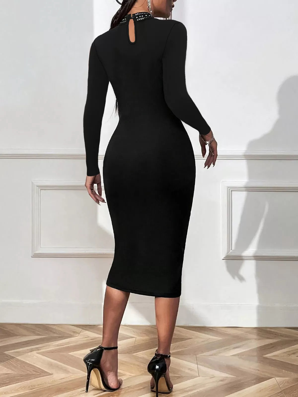 Solid Bejeweling High Neck Mock Bodycon Dress