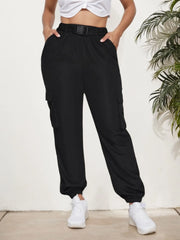 Solid Belt High Rise Elastic Waist Pants