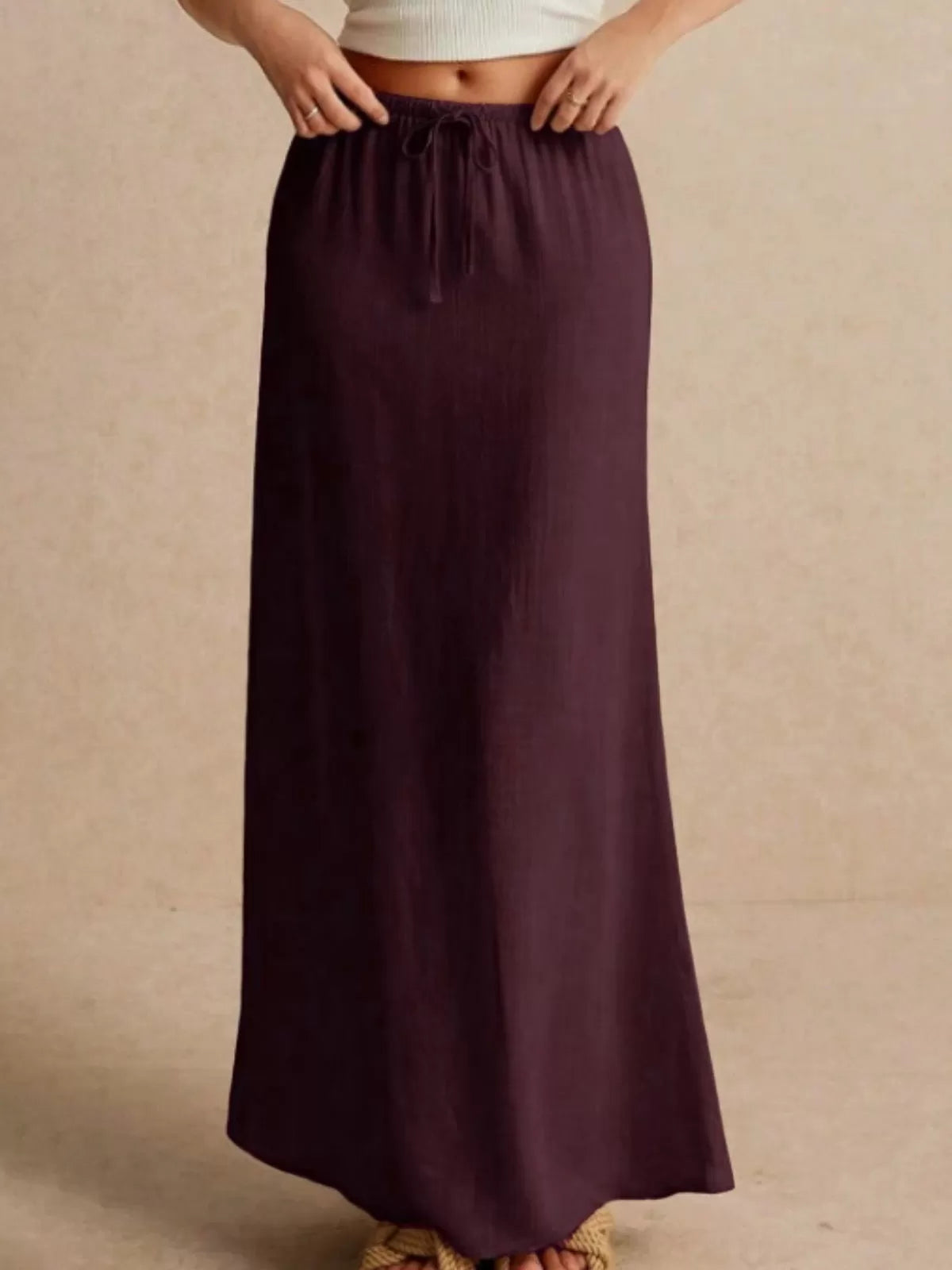 Solid Belted Medium Rise Drawstring Waist A Line Skirt