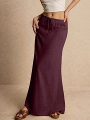 Solid Belted Medium Rise Drawstring Waist A Line Skirt