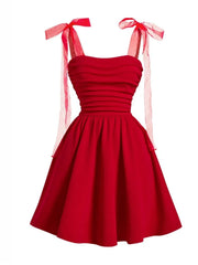 Solid Bow Lace-up Spaghetti Strap Ruffled Romantic Summer A-line Dress