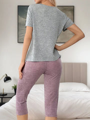 Solid Bow Regular Short Sleeve Pajama Shorts Set
