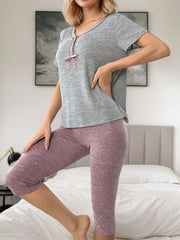 Solid Bow Regular Short Sleeve Pajama Shorts Set