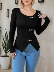 Solid Bow Round Neck Regular Sleeve Long Sleeve Blouse