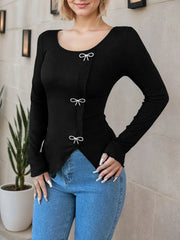 Solid Bow Round Neck Regular Sleeve Long Sleeve Blouse