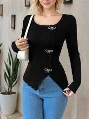 Solid Bow Round Neck Regular Sleeve Long Sleeve Blouse