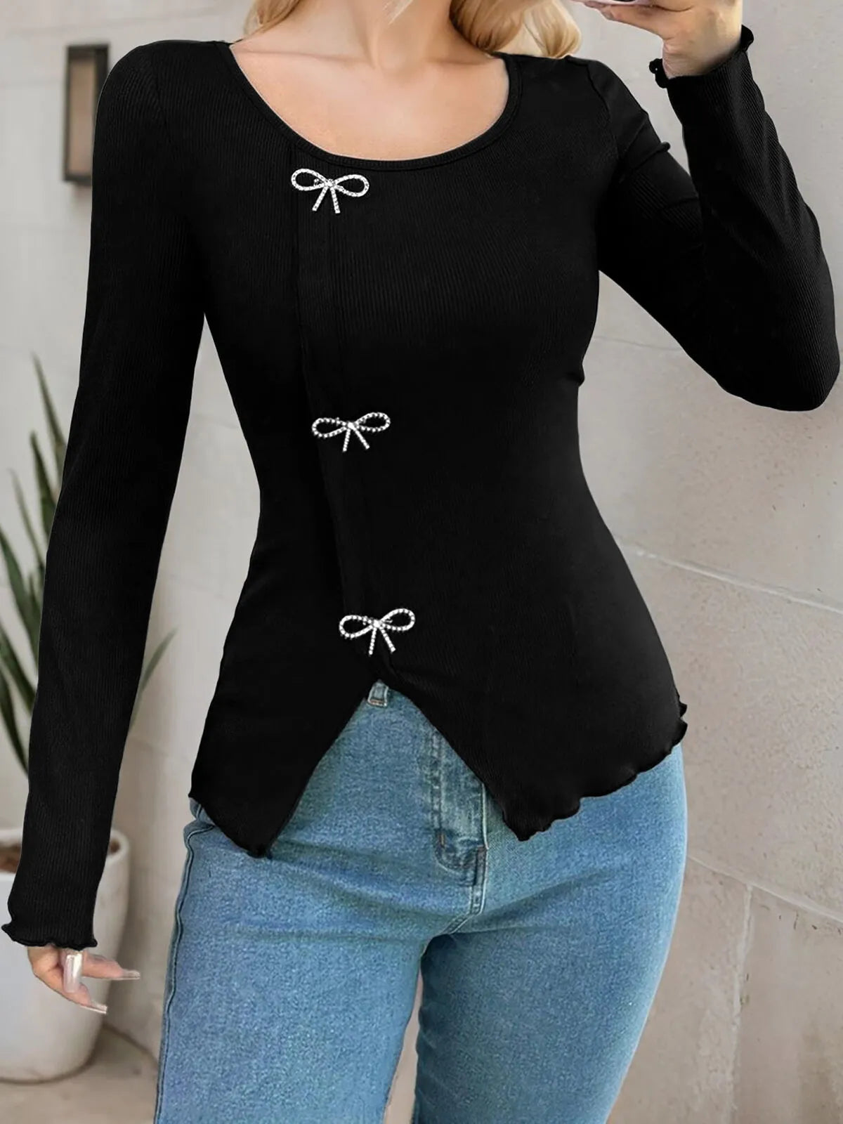 Solid Bow Round Neck Regular Sleeve Long Sleeve Blouse