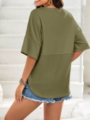 Solid Button Down Patchwork Round Neck Drop Shoulder Blouse