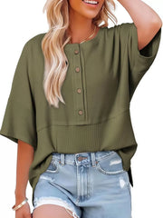 Solid Button Down Patchwork Round Neck Drop Shoulder Blouse