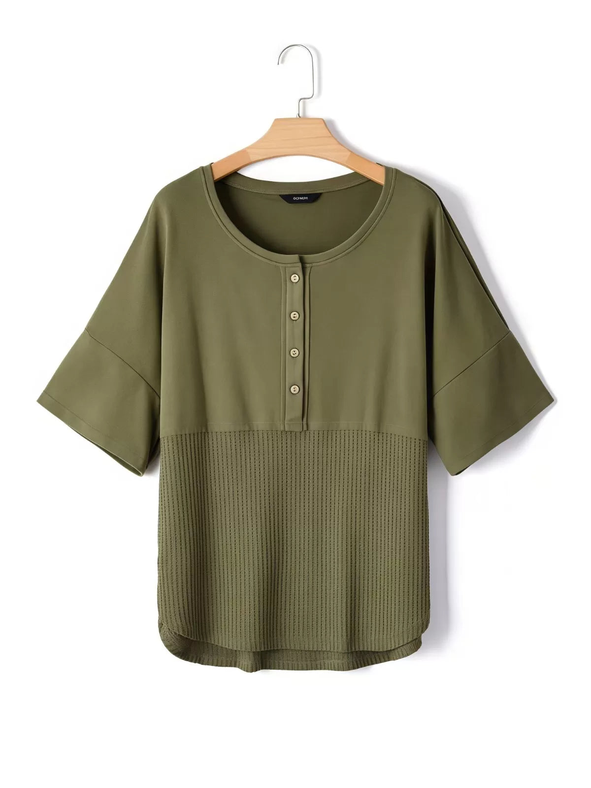 Solid Button Down Patchwork Round Neck Drop Shoulder Blouse