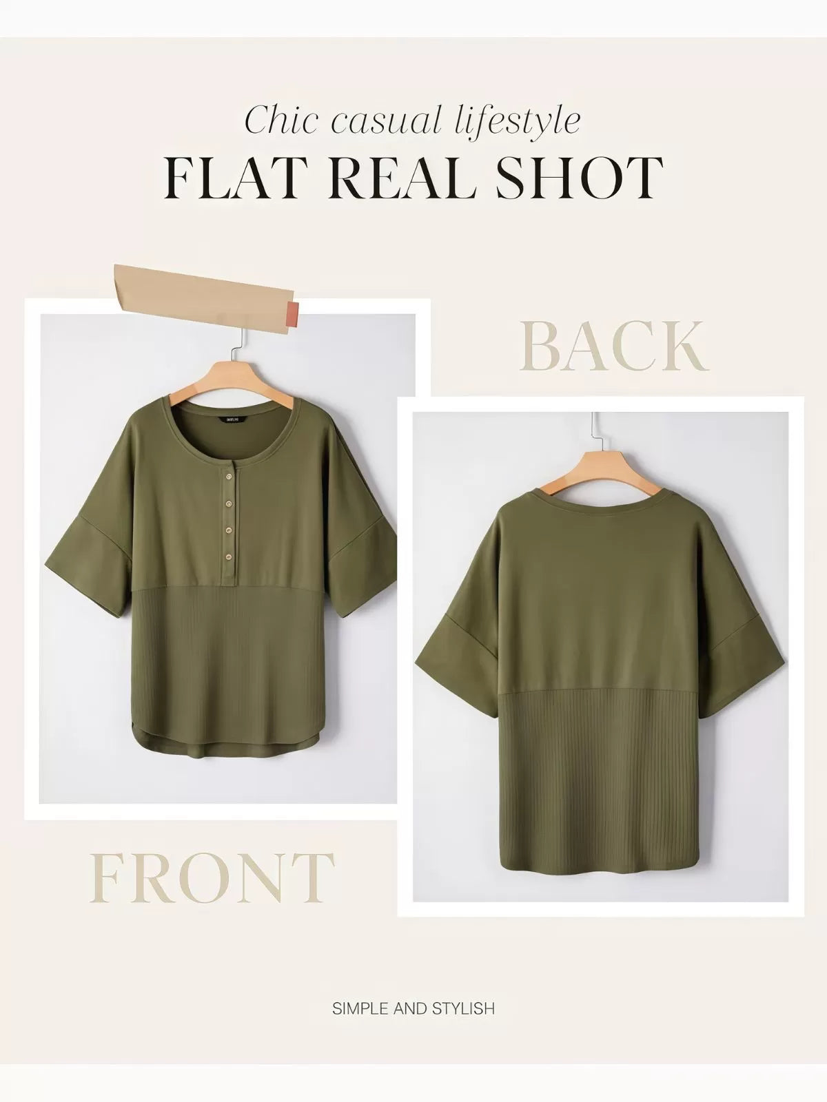 Solid Button Down Patchwork Round Neck Drop Shoulder Blouse