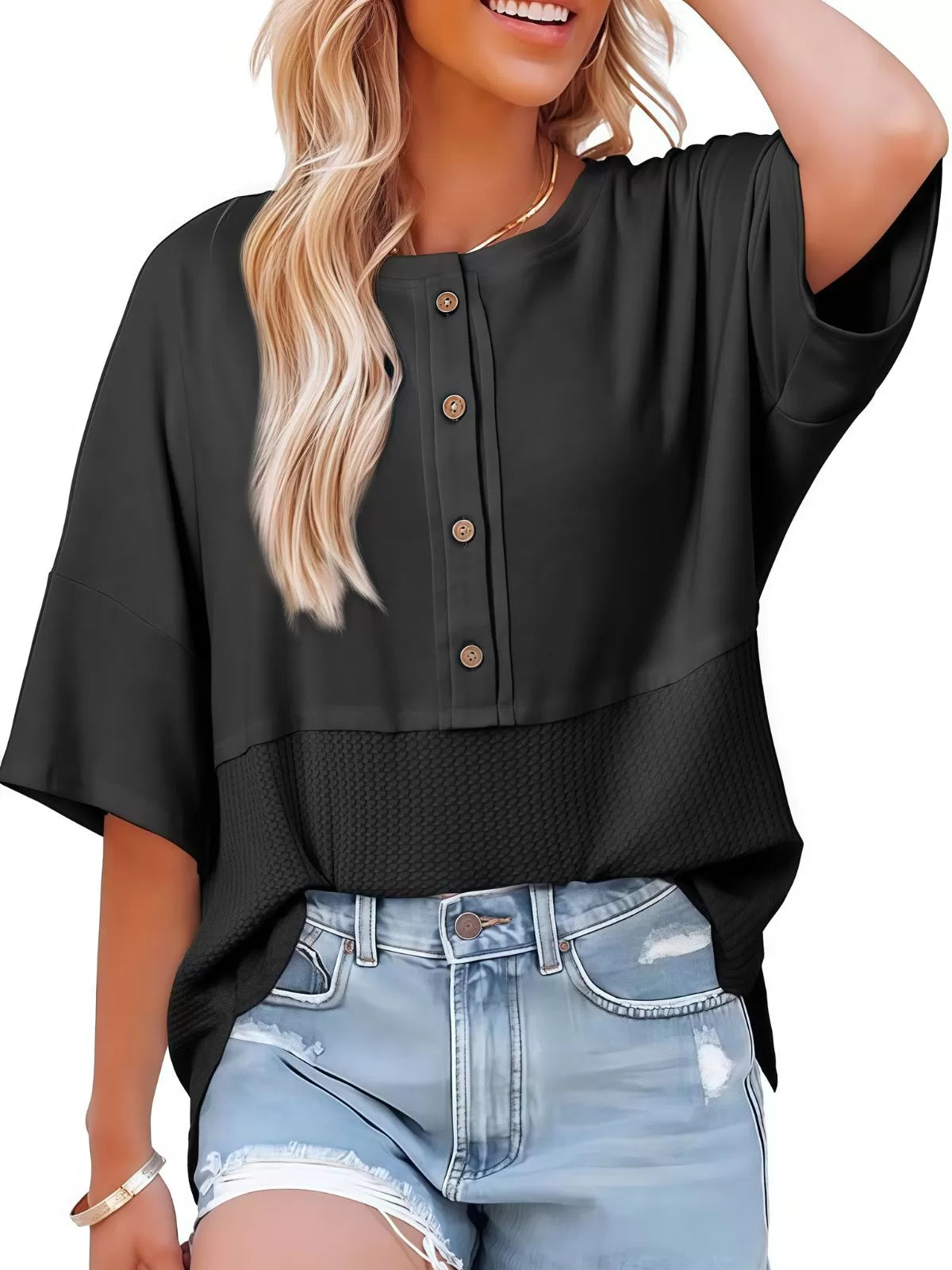 Solid Button Down Patchwork Round Neck Drop Shoulder Blouse