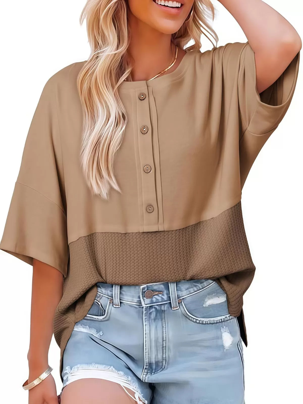 Solid Button Down Patchwork Round Neck Drop Shoulder Blouse