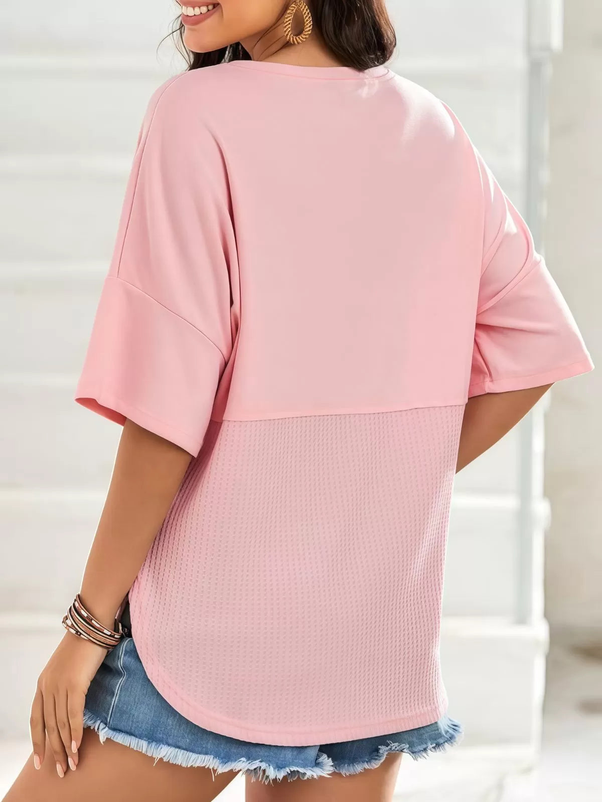 Solid Button Down Patchwork Round Neck Drop Shoulder Blouse