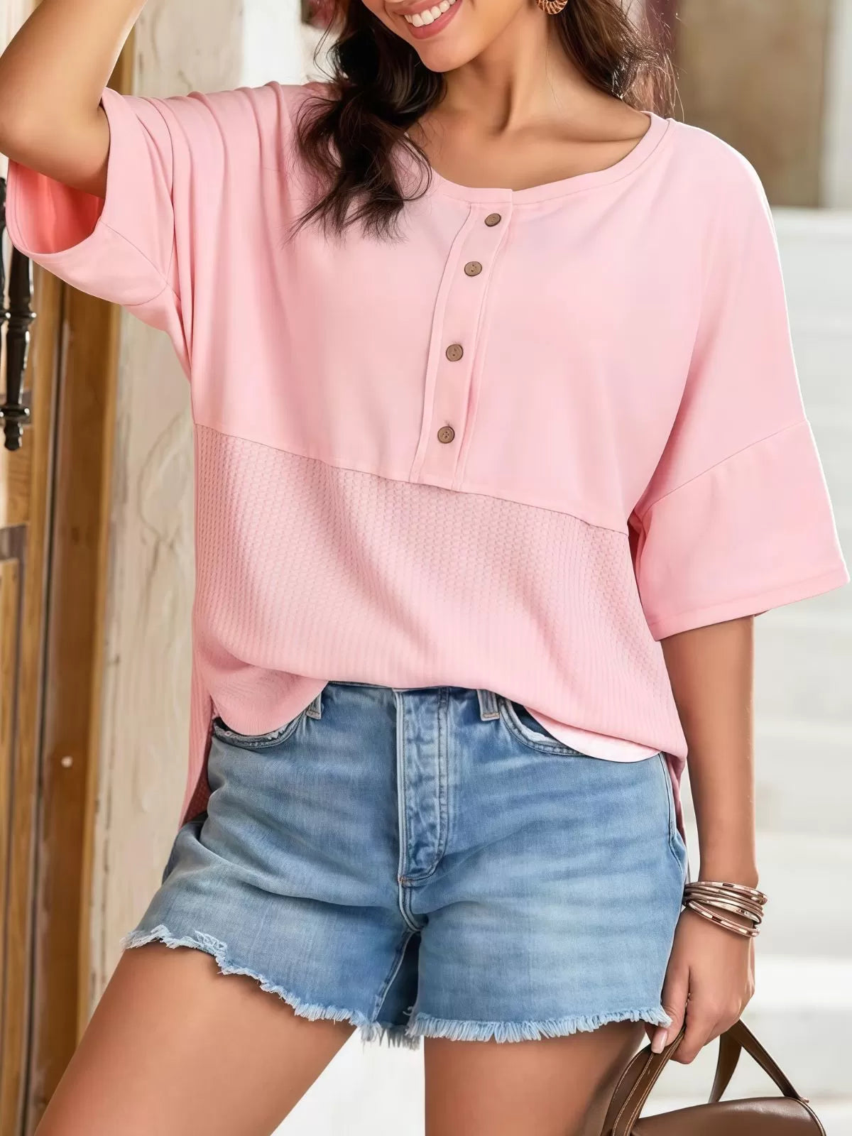 Solid Button Down Patchwork Round Neck Drop Shoulder Blouse
