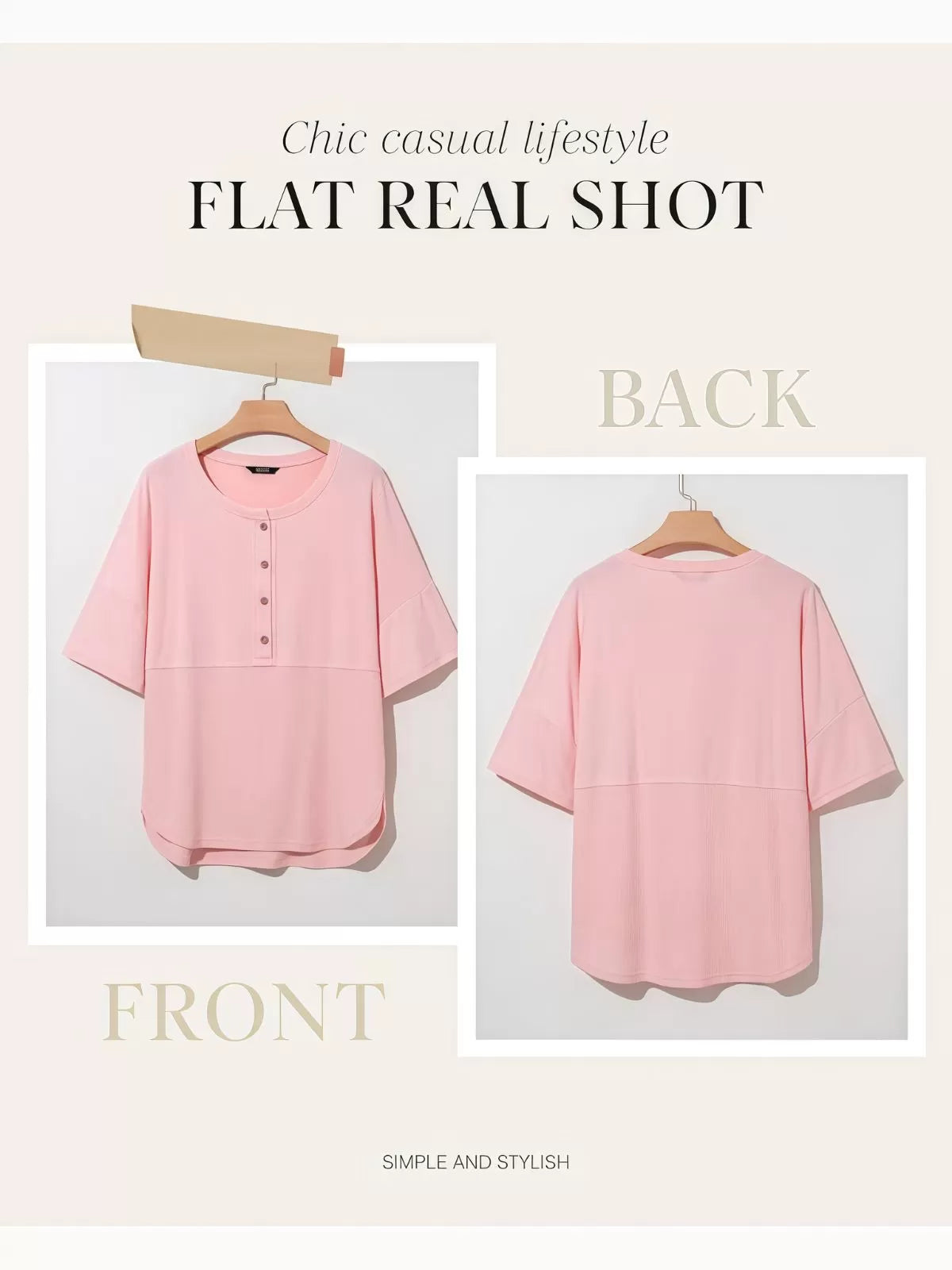 Solid Button Down Patchwork Round Neck Drop Shoulder Blouse