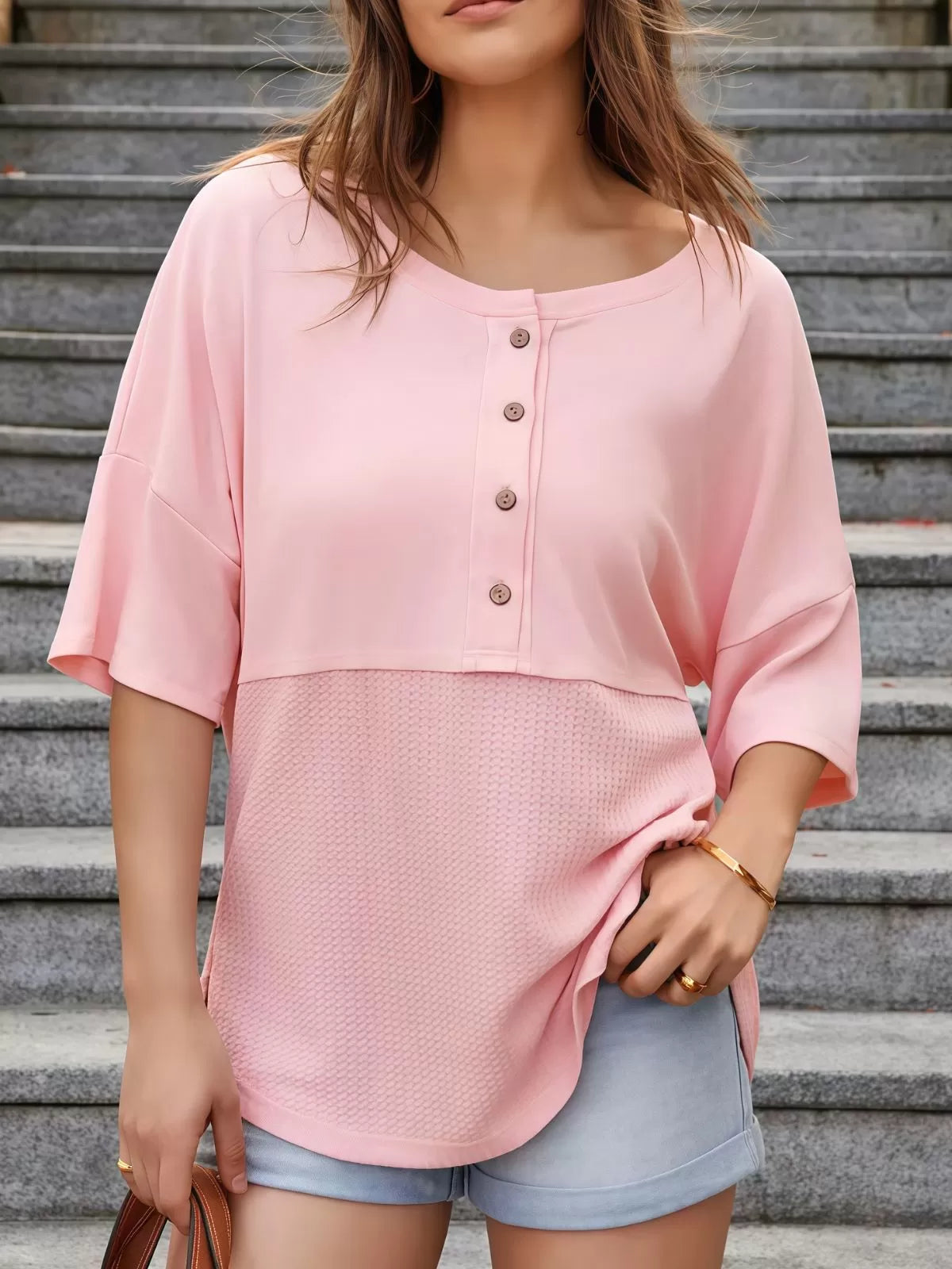 Solid Button Down Patchwork Round Neck Drop Shoulder Blouse