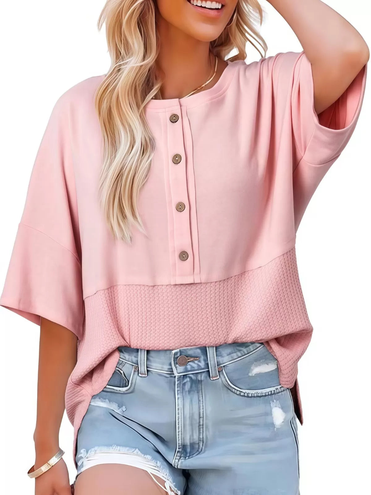 Solid Button Down Patchwork Round Neck Drop Shoulder Blouse