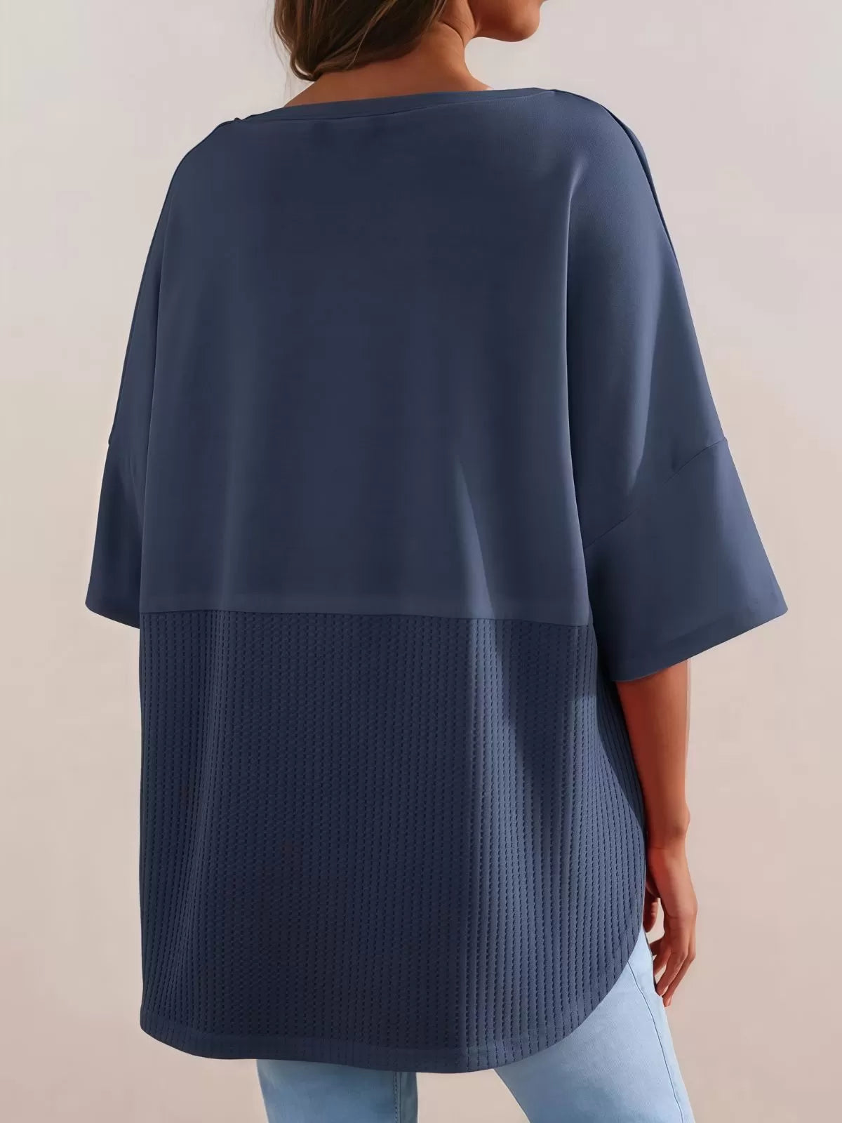 Solid Button Down Patchwork Round Neck Drop Shoulder Blouse