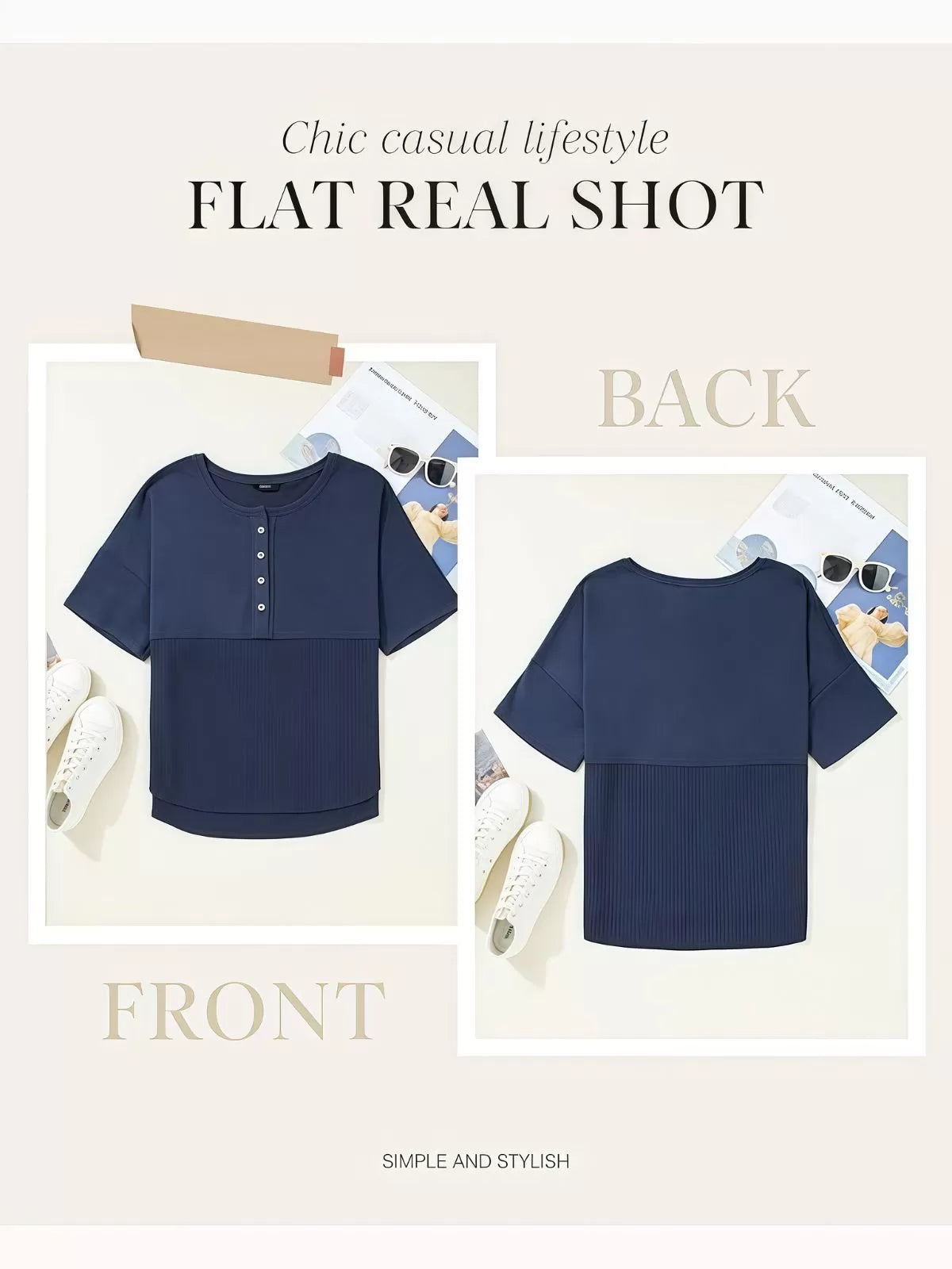 Solid Button Down Patchwork Round Neck Drop Shoulder Blouse