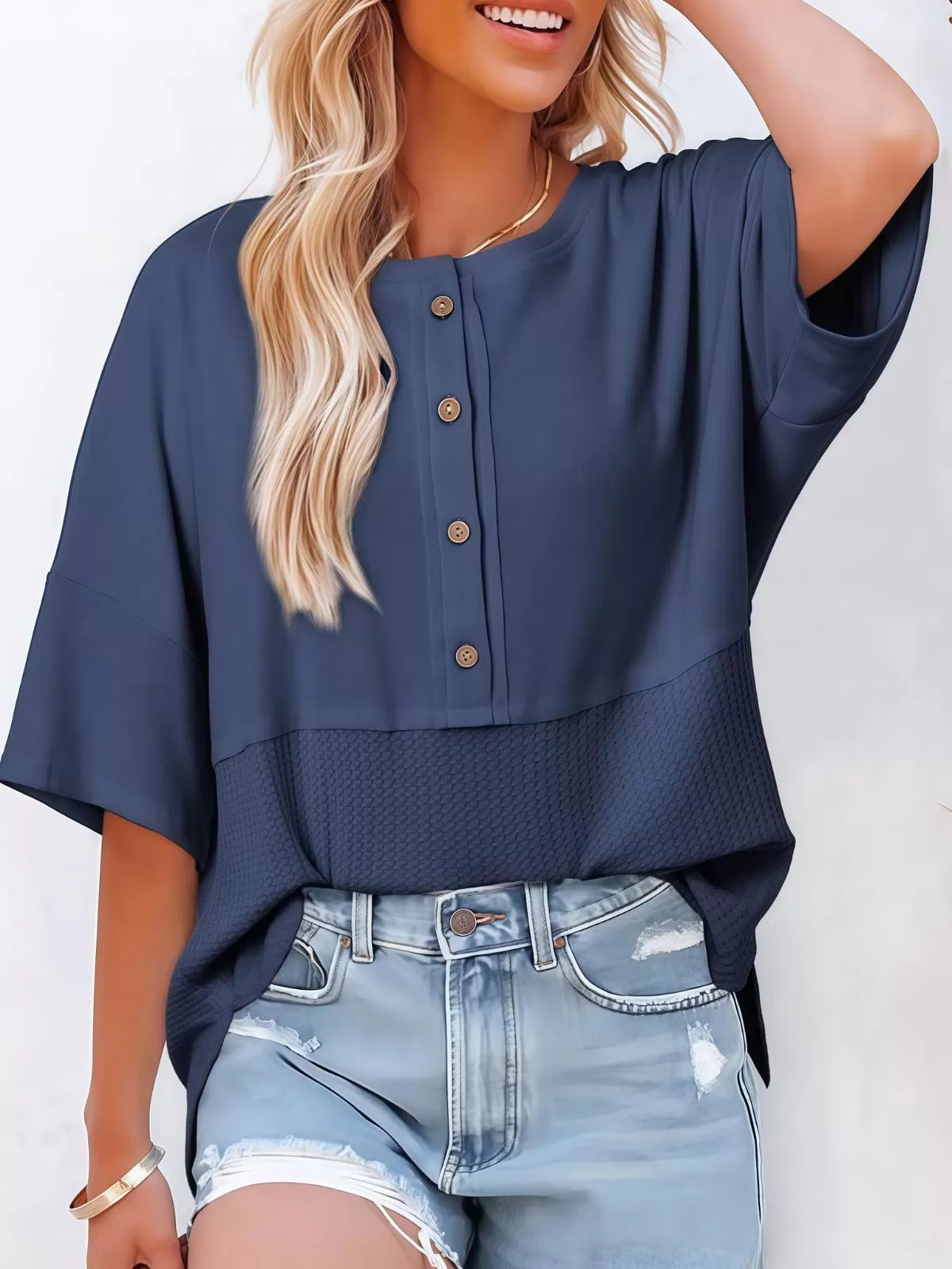 Solid Button Down Patchwork Round Neck Drop Shoulder Blouse