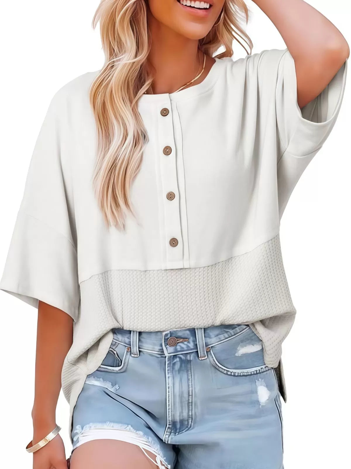 Solid Button Down Patchwork Round Neck Drop Shoulder Blouse