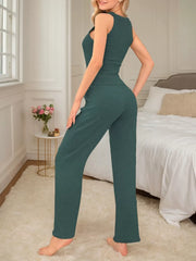 Solid Button Halter Tank Pajama Pants Set